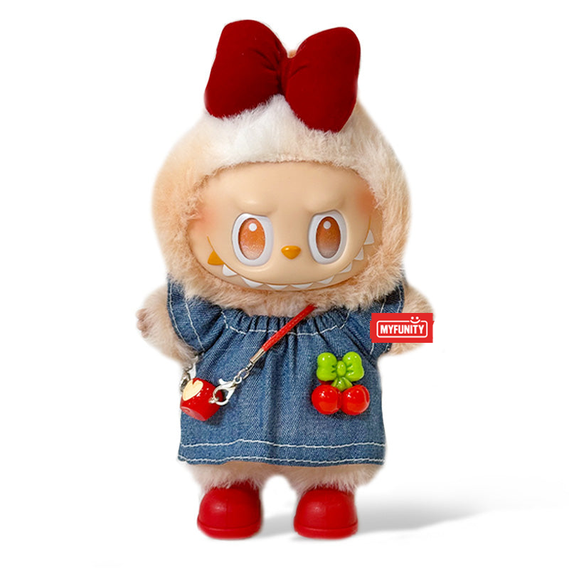 Toy Outfit - Denim skirt + red shoes + red bow + small apple keychain