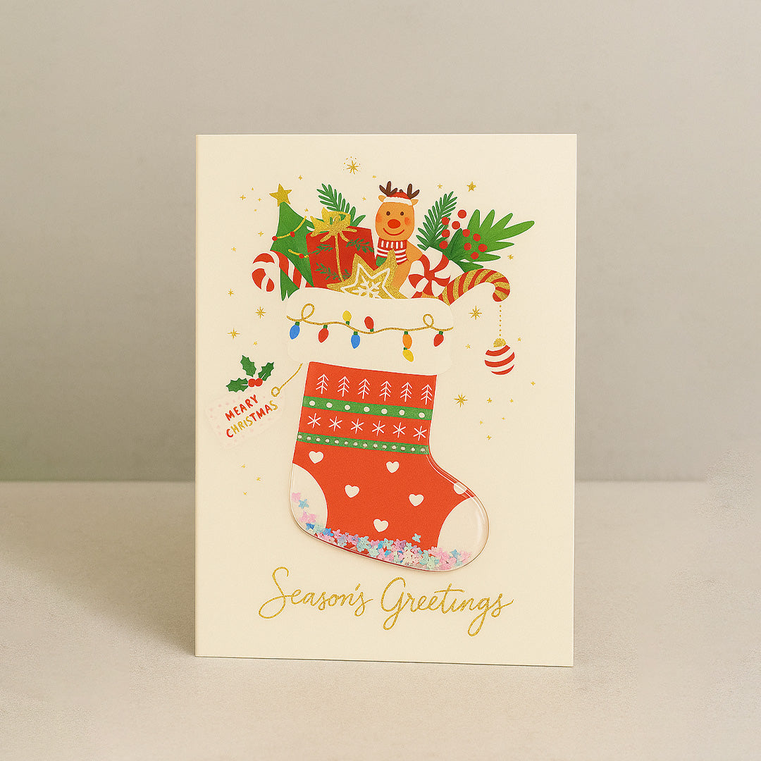 Greetings 3D Shaker Card – Elegant Christmas Stocking Design with Floating Stars