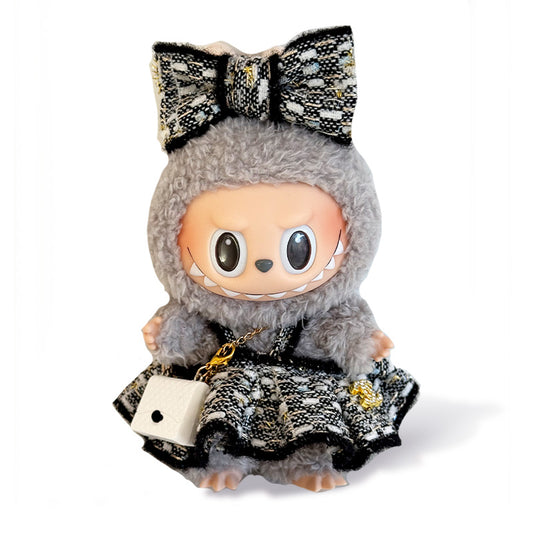 Labubu Outfit - Black and white dress + Bow + White bag