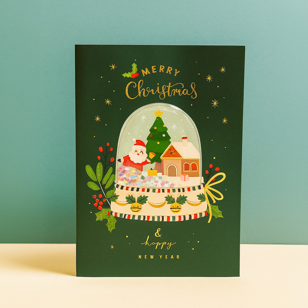 Merry Christmas Shaker Card - Santa & House Snow Globe with Moving Stars