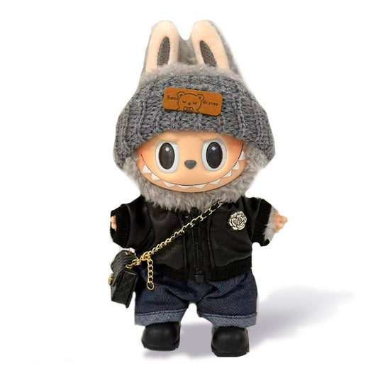 Labubu Outfit - Gray Hat + Black Leather Jacket + Black Leather Bag + Black Shoes