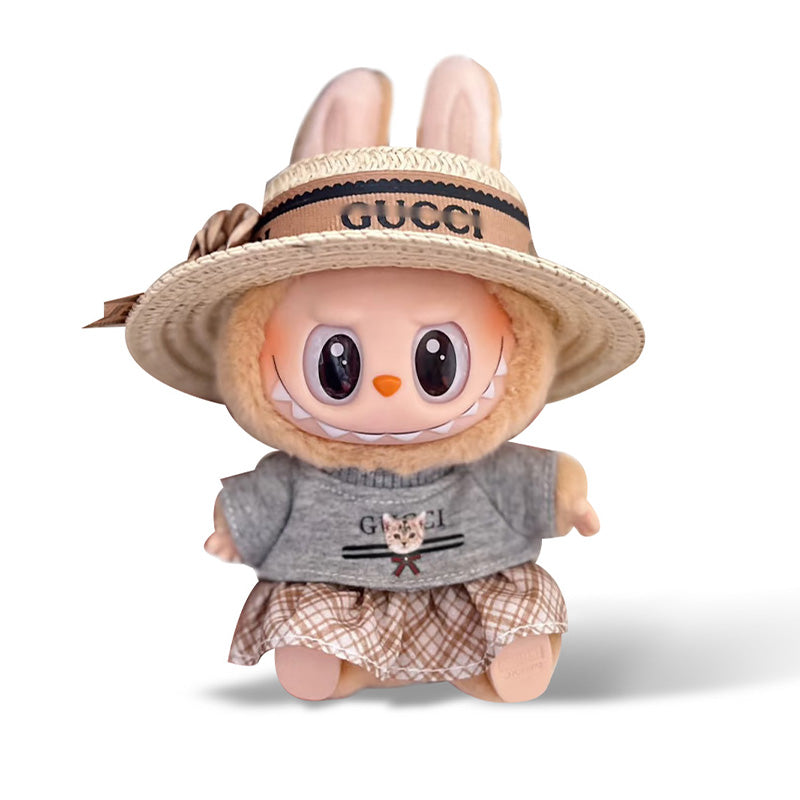 Labubu Outfit - Straw Hat + Grey Cat Top + Plaid Skirt