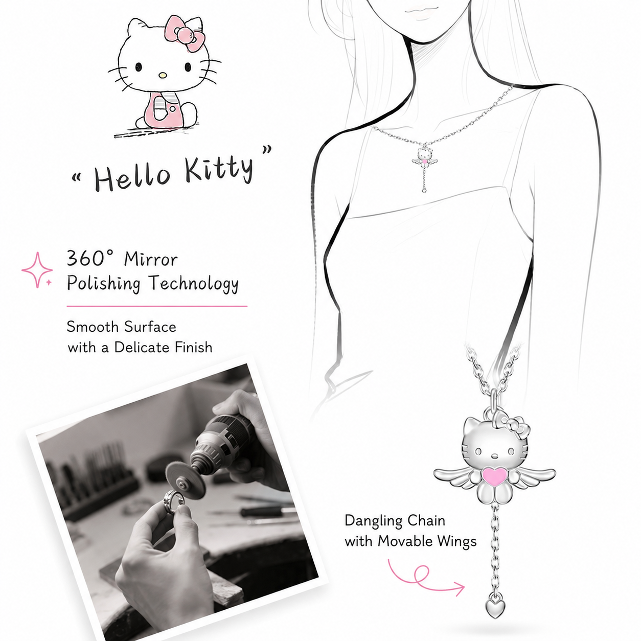 Authentic Hello Kitty Pink Wings 925 Sterling Silver Necklace