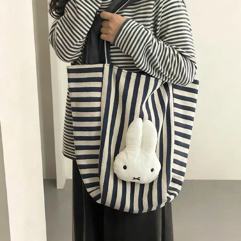 Authentic Miffy Blue Striped Canvas Tote Bag Large Capacity