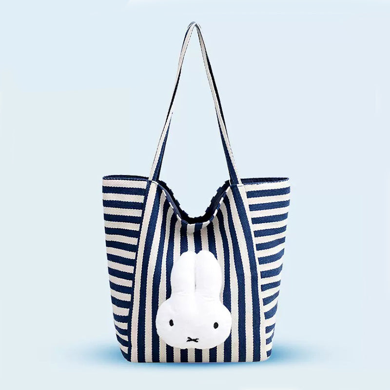 Authentic Miffy Blue Striped Canvas Tote Bag Large Capacity