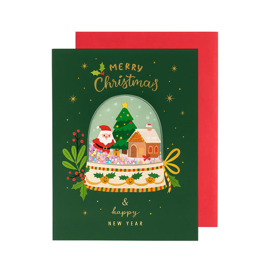 Merry Christmas Shaker Card - Santa & House Snow Globe with Moving Stars