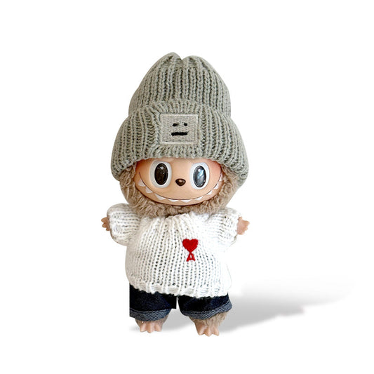 Labubu Outfit - Gray knit beanie + White sweater + Jeans