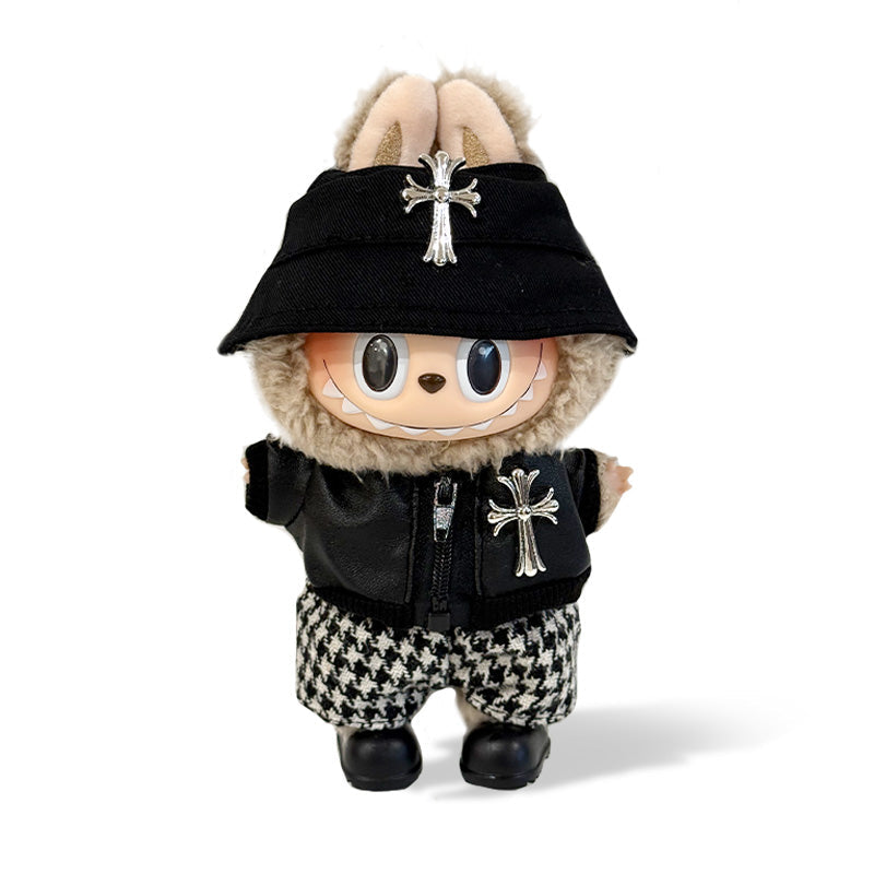 Labubu Outfit - Black Hat + Black leather jacket +Houndstooth pants