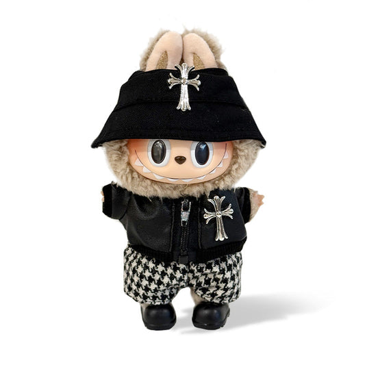 Labubu Outfit - Black Hat + Black leather jacket +Houndstooth pants