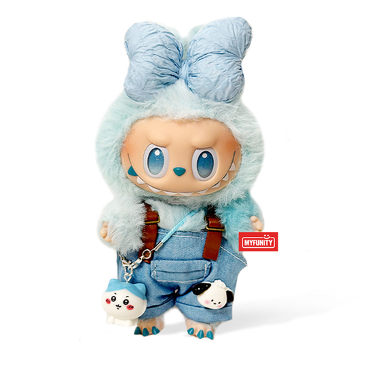 Toy Outfit - Blue bow + overalls + Chiikawa keychain