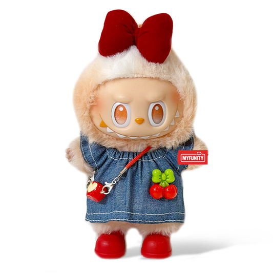 Toy Outfit - Denim skirt + red shoes + red bow + small apple keychain