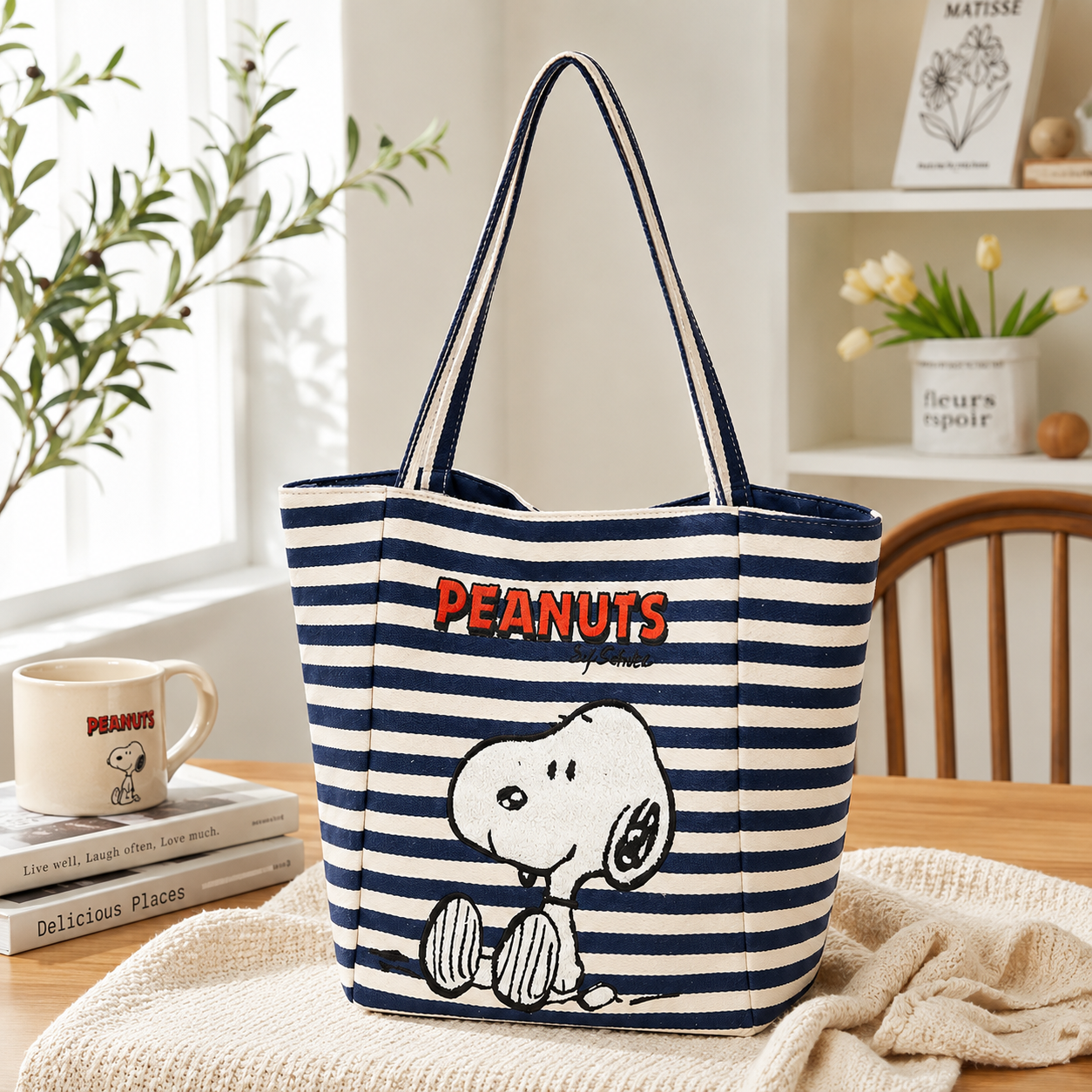 PEANUTS Snoopy Striped Canvas Tote Bag | 100% Authentic