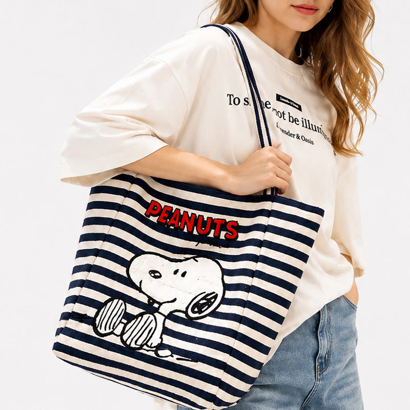 PEANUTS Snoopy Striped Canvas Tote Bag | 100% Authentic