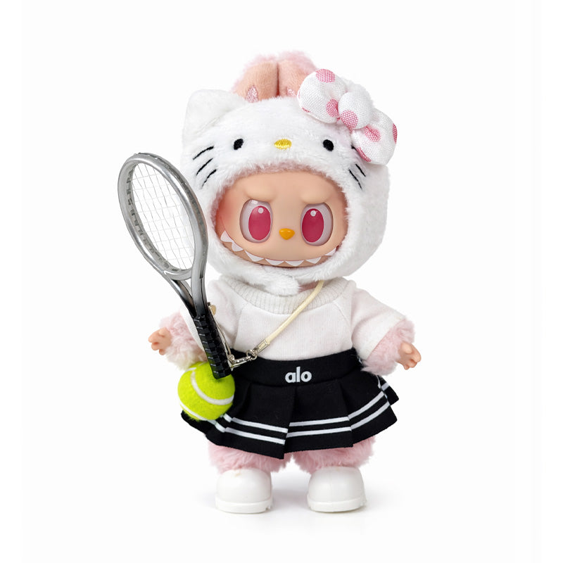 Toy Outfit - White top + black skirt + tennis racket + tennis ball + white shoes