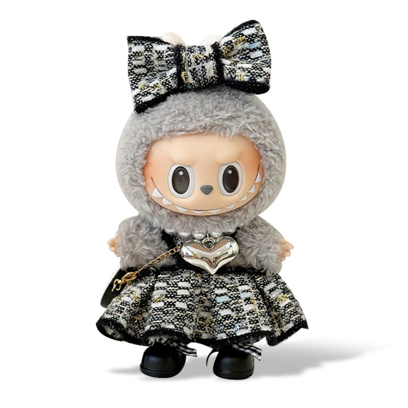 Toy Outfit - Black-and-white bow + dress + black shoes + black bag + pearl necklace