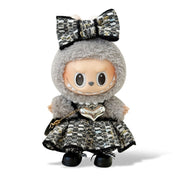Toy Outfit - Black-and-white bow + dress + black shoes + black bag + pearl necklace