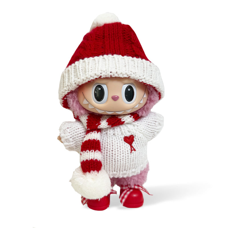 Labubu Christmas Outfit - Red Hat + White Top +  Red Scarf + Red Shoes