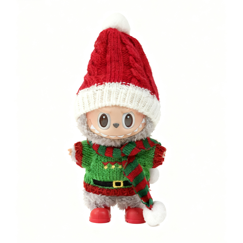 Labubu Christmas Outfit - Red hat + green sweater + Scarf + Red shoes