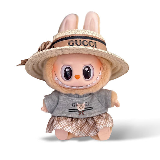 Labubu Outfit - Straw Hat + Grey cat Top + Plaid Skirt