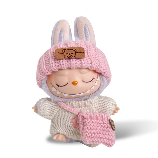 Toy Outfit - Pink knitted hat + white floral sweater + pink knitted bag